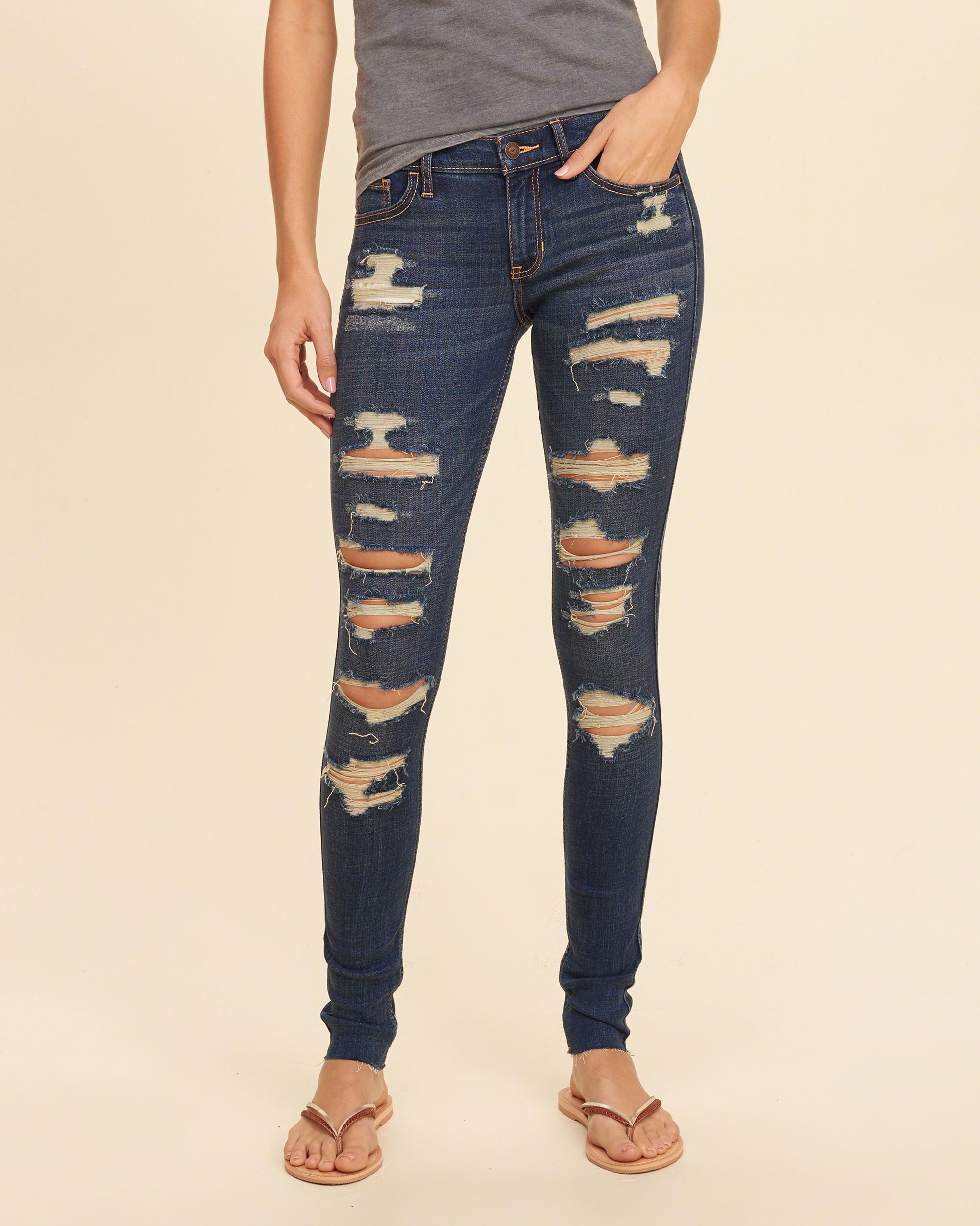 Lyst - Hollister Shredded Low-rise Super Skinny Jeans in Blue